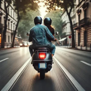 To personer kører sammen på en knallert, hvilket er ulovligt på vejen