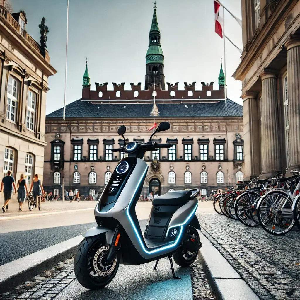 elektrisk scooter med forsikring parkeret foran bygning i københavn