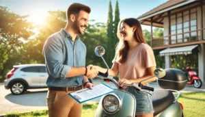 Køb af brugt knallert gennemført efter tjekliste. To personer giver hånd på handlen.