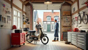 Elektriker og kunde taler om el-installationer i værksted til el-scooter