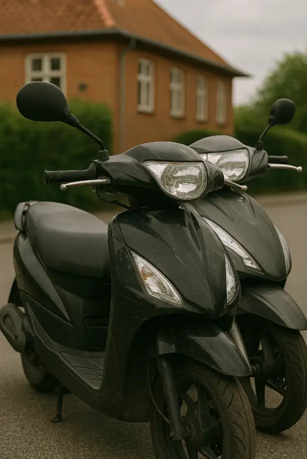 samlerabat på to identiske scootere parkeret foran hus med indboforsikring